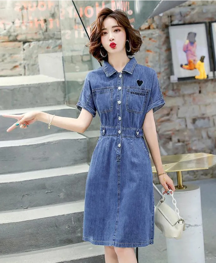 ĐẦM JEAN CỔ SƠ MI EO THUN THÊU TIM
